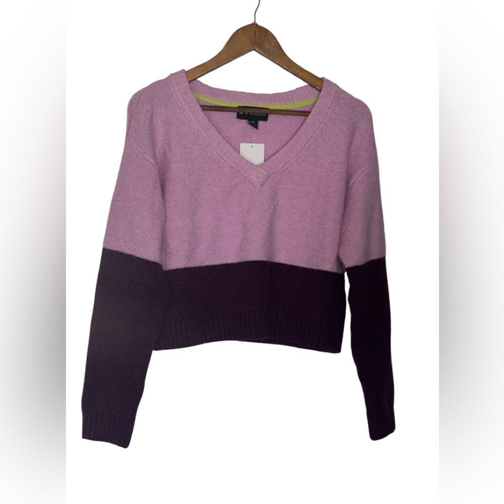 Wildfang V-Neck Sweater - Light Pink and Dark Purple